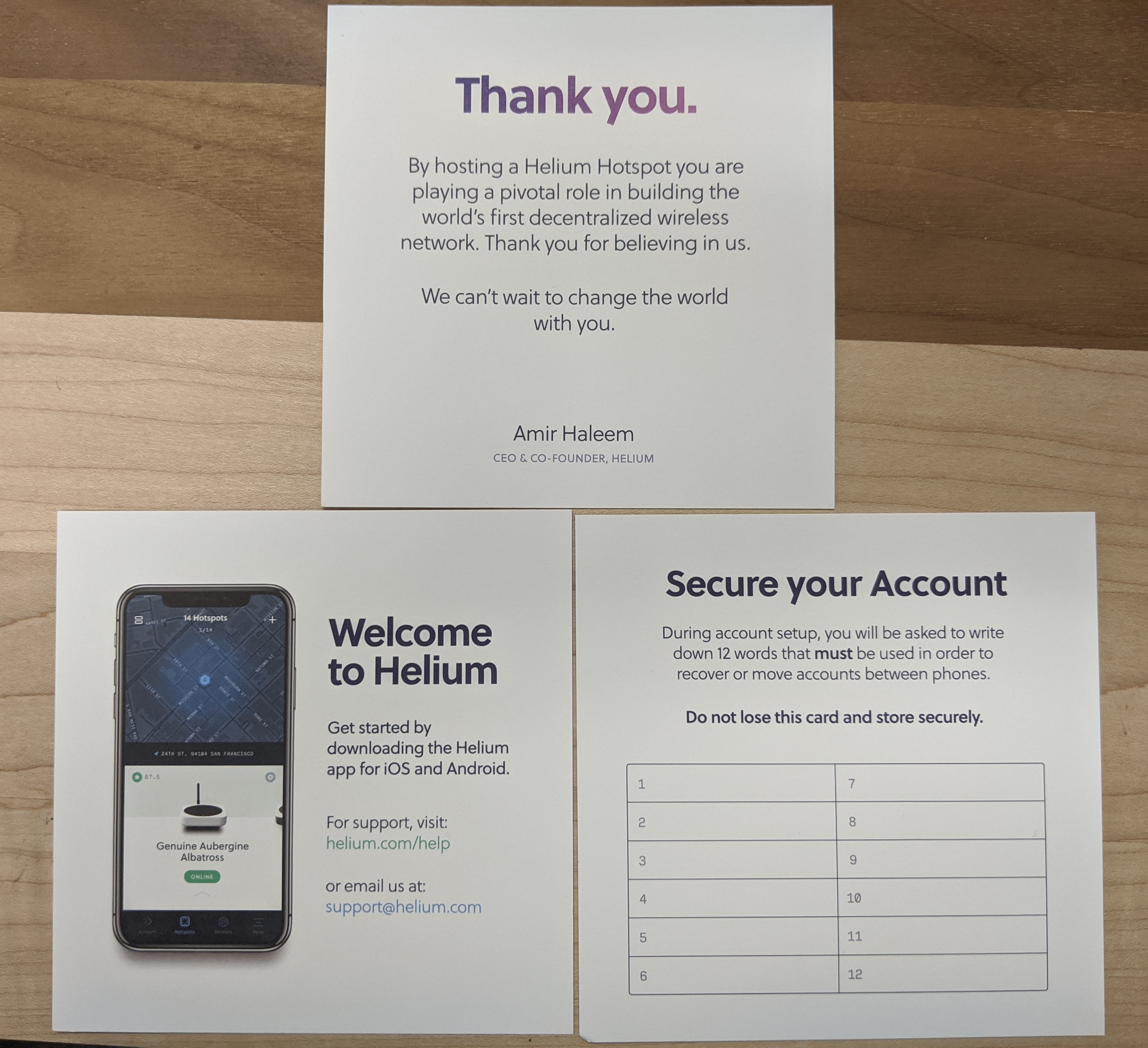 Helium welcome cards